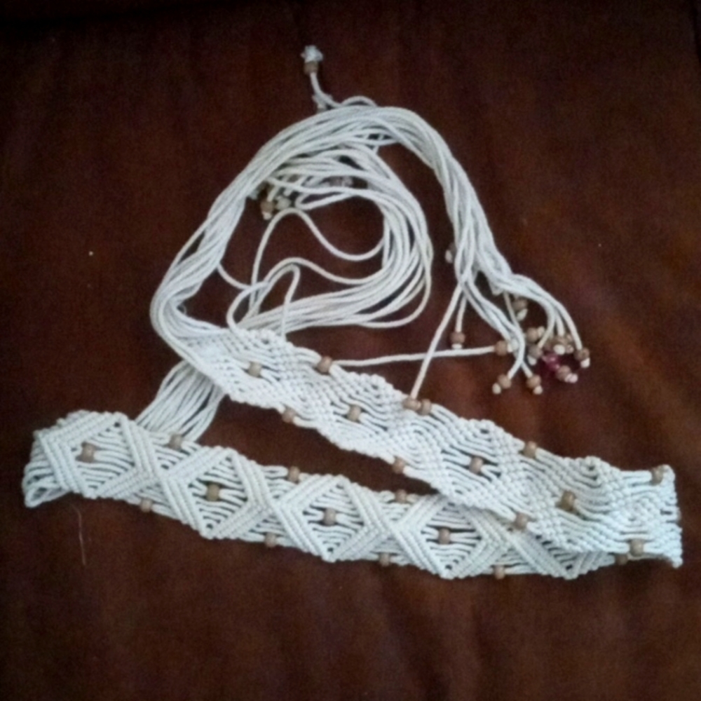Vintage Macrame fringe Belt with wood beads Handmade